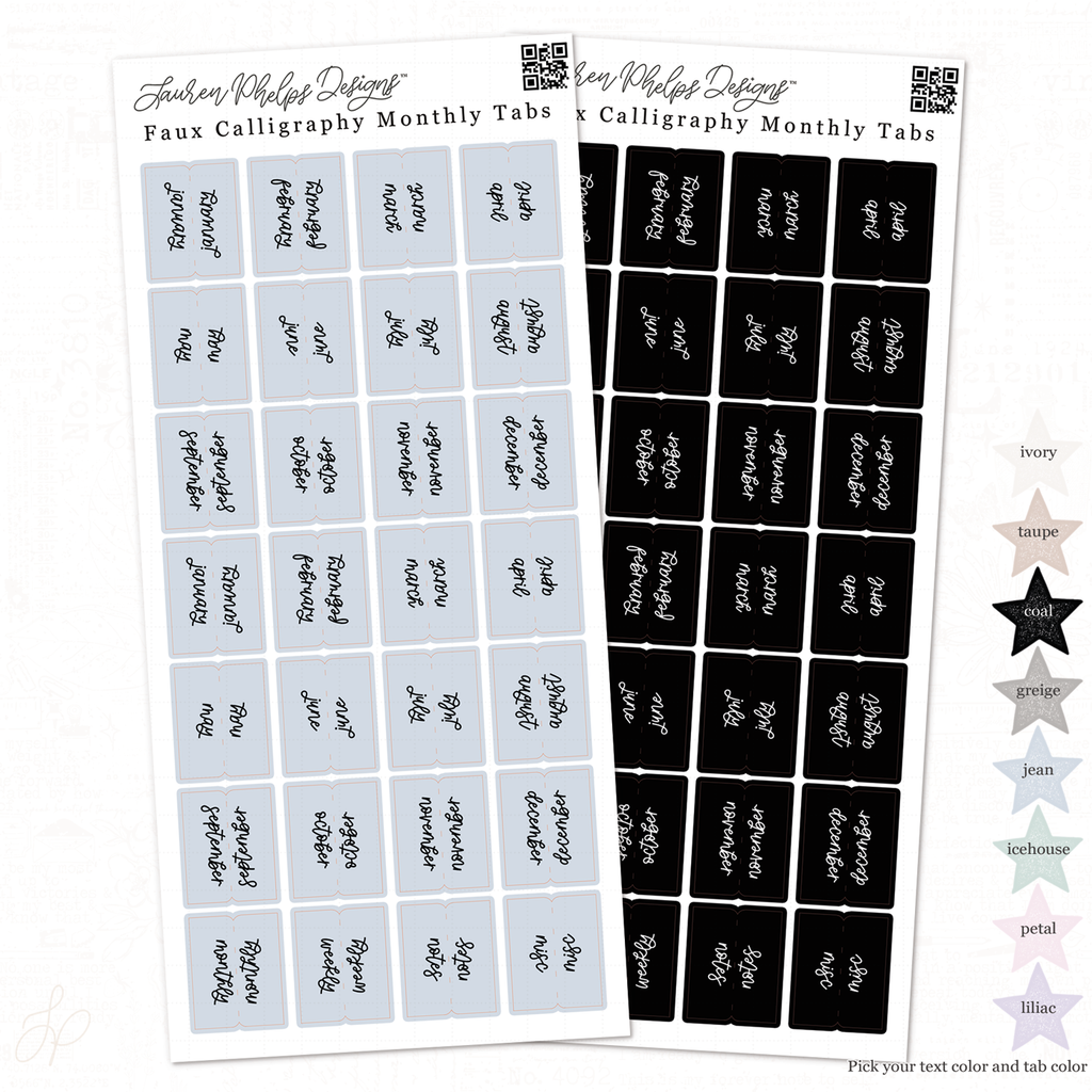 Faux Calligraphy Planner Tabs Sticker Sheet | Mix & Match